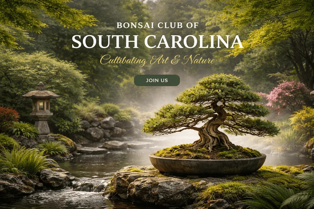 Bonsai Club of South Carolina members shaping bonsai trees
